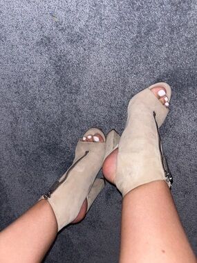 Kendall & Kylie Taupe Suede Peep-Toe Zip Ankle Heels